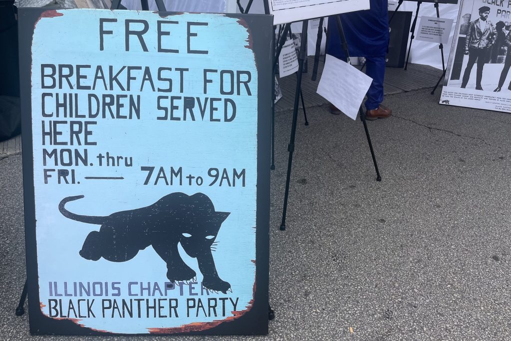 A free breakfast sign for the Illinois Chapter of the Black Panther Party. July 26, 2025.