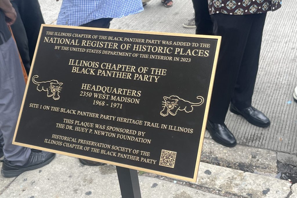 The plaque commemorating the former headquarters of the Illinois Chapter of the Black Panther Party, 2350 W. Madison St. during a ceremony on July 26, 2025.
