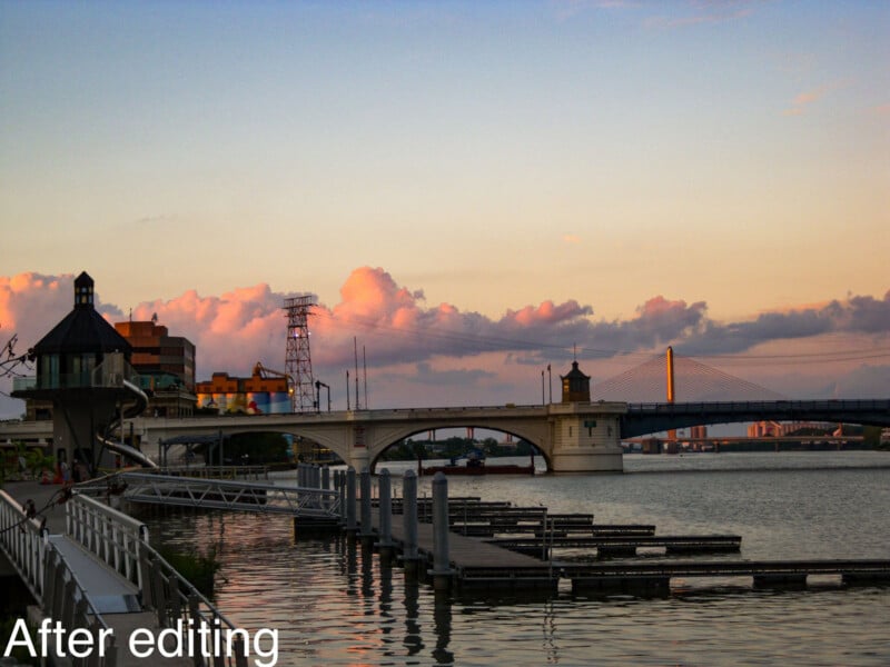 A tranquil riverside scene at sunset shows a bridge spanning the water, with colorful clouds in the sky and buildings along the shore. Floating docks and a walkway line the water. "After editing" text appears in the lower left corner.