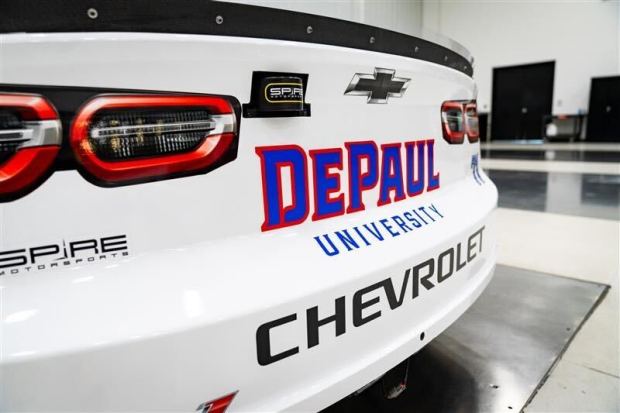 The DePaul Chevy car that will be driven by Michael McDowell for the 2025 NASCAR Chicago Street Race. (Isabella Martinez / Spire Motorsports)