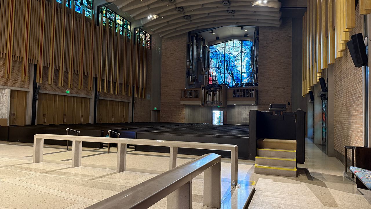 The inside of Saint Michael and All Angels Episcopal Church in Dallas, where a vigil was held on Sunday, July 6, 2025, to honor a member of their church who died in the Central Texas flooding. (Spectrum News 1/Blessing Iwuchukwu)
