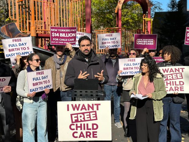 State assemblyman Zohran Mamdani speaks at a rally for universal child care in November 2024.
