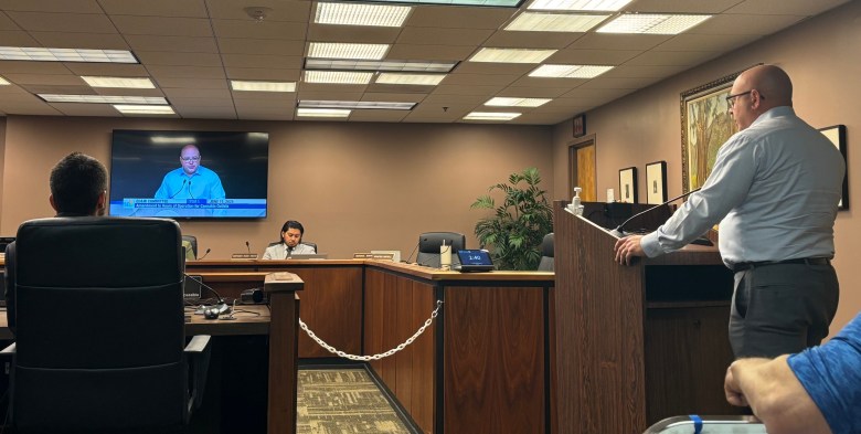 Phil Rath, lobbyist for the trade organization United Medical Marijuana Coalition, urges San Diego City Council's Economic Development and Intergovernmental Relations Committee to back longer opening hours for the city's cannabis dispensaries.