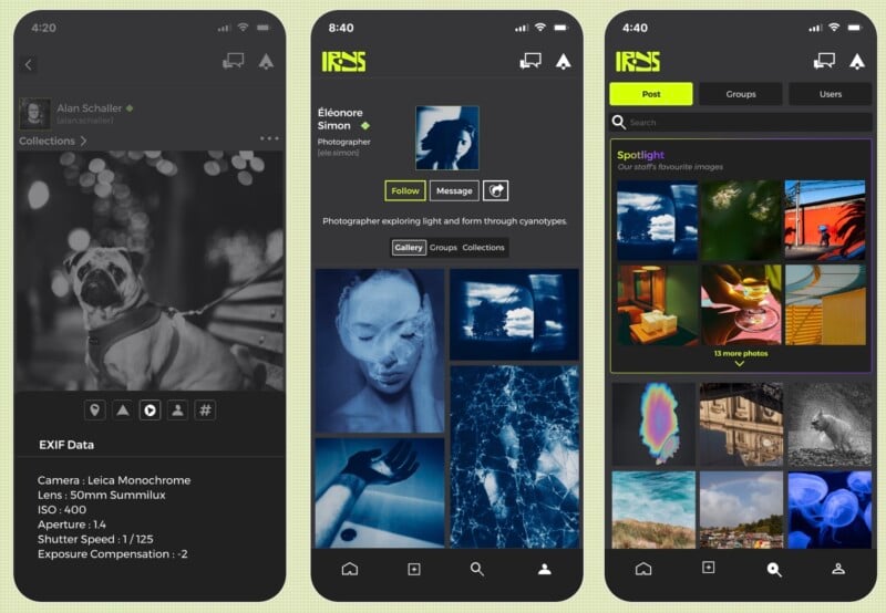 Three smartphone screens display a photography app: the first shows a user profile with a dog photo and camera settings, the second shows another profile with follow/message options, and the third features a gallery grid and a “Spotlight” post section.
