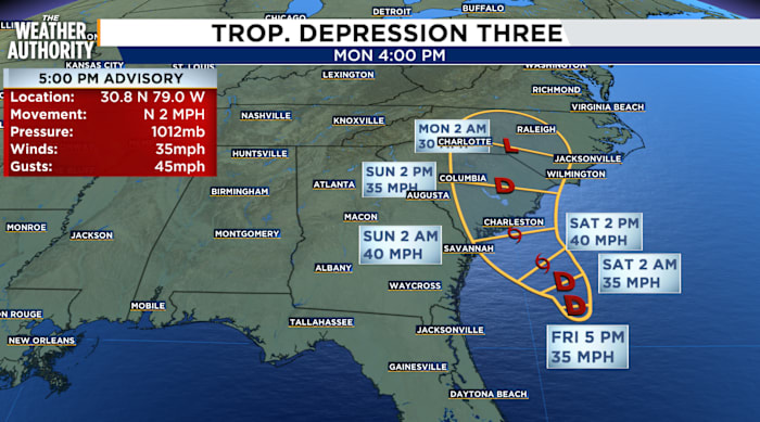 Tropical Depression 3 forms off Jacksonville’s coast, expected to impact South Carolina
