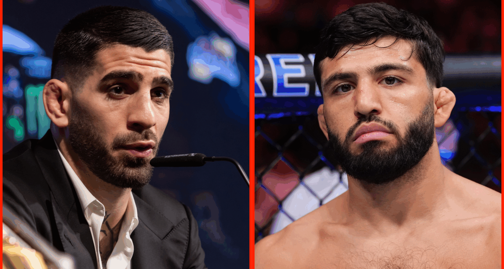 Ilia Topuria speaks at a press conference in Spain, opposite Arman Tsarukyan in the cage at UFC 300