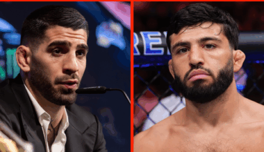 Ilia Topuria speaks at a press conference in Spain, opposite Arman Tsarukyan in the cage at UFC 300