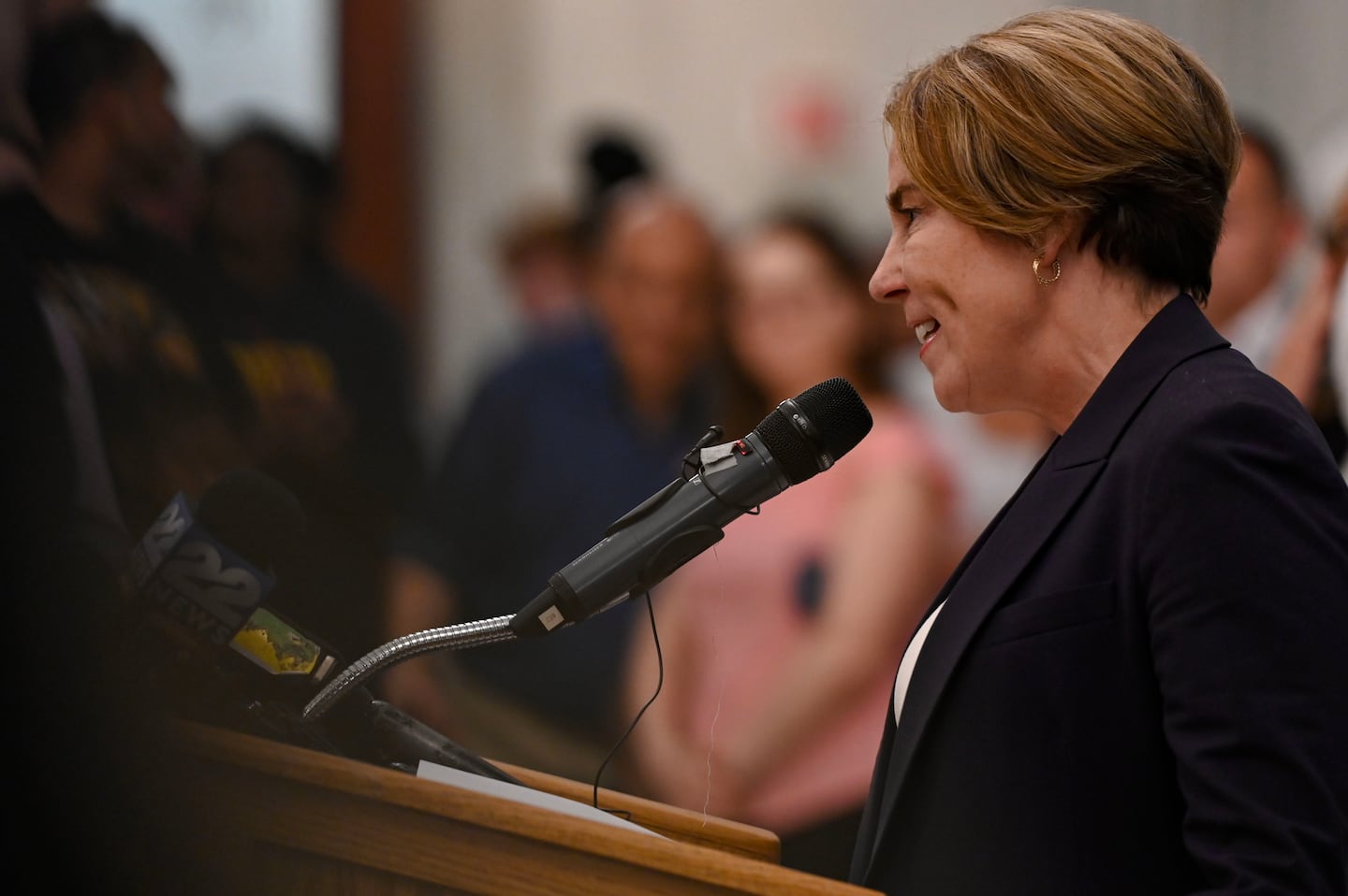 Gov. Maura Healey addresses a crowd at the State House in July 2025.