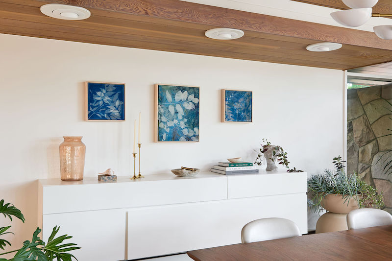 Cyanotypes by Kristen Abbott hanging on the wall