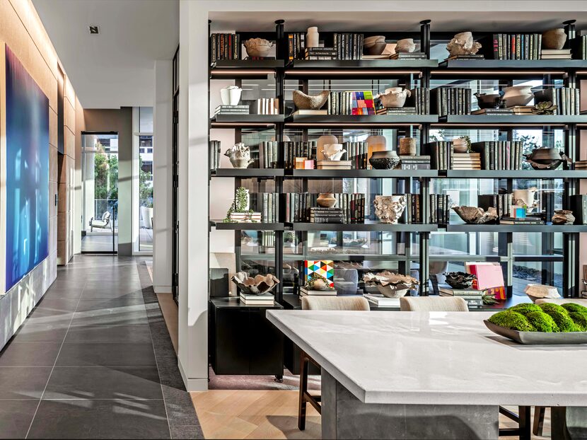 The library, one of several common areas at 2811 Maple Residences in Uptown Dallas.