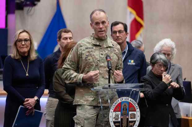 US Army Corps of Engineers Col. Eric Swenson takes questions during a news conference discussing the continued wildfire cleanup efforts and preparations for the major rainstorm anticipated this week in Los Angeles on Wednesday, Feb. 12, 2025. (Photo by Drew A. Kelley, Press-Telegram/SCNG)