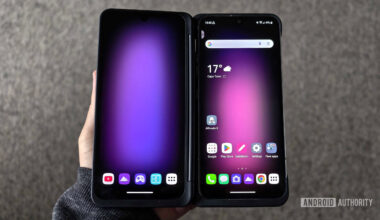 LG V60 dual screen case open in hand