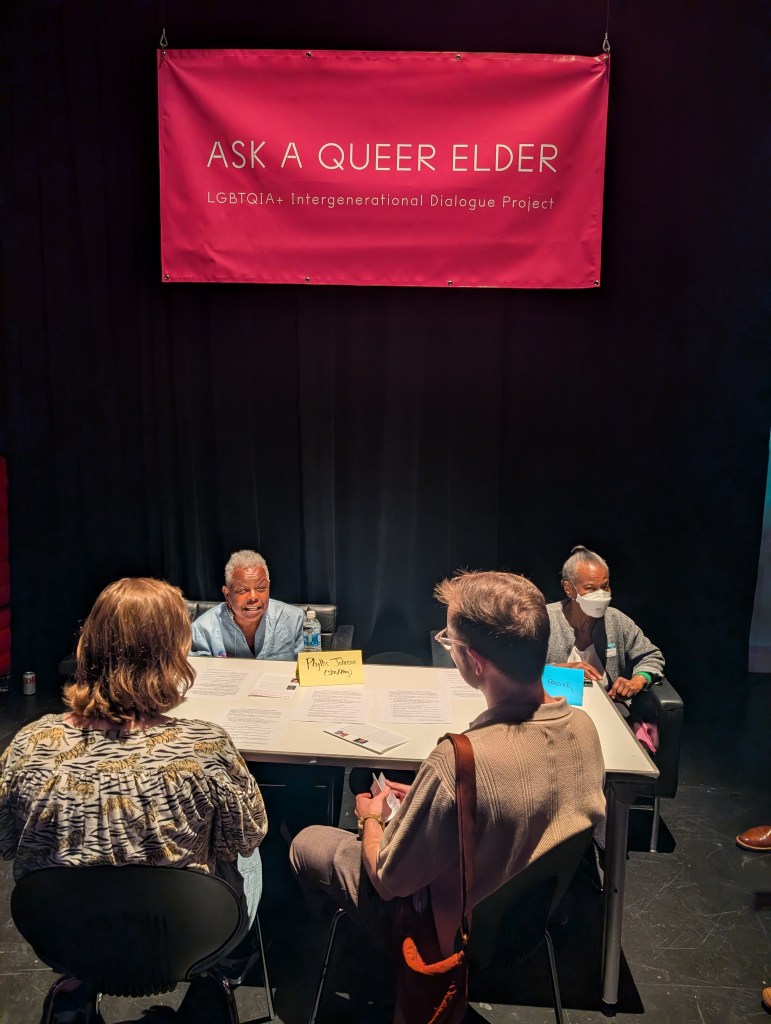 LGBTQ+ Intergenerational Dialogue Project participant Phyllis Johnson (left) in conversation with event attendees. Photo by Carrie Maxwell