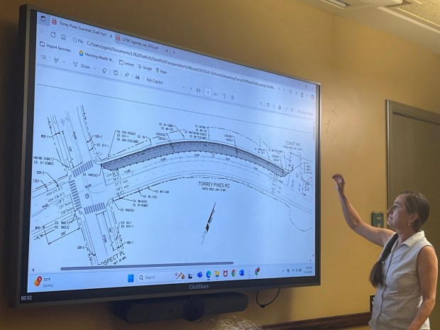 La Jolla resident Kathleen Neil shares her takeaways from a draft traffic control plan for Torrey Pines Road during the La Jolla Traffic & Transportation Board's meeting July 15. (Noah Lyons)