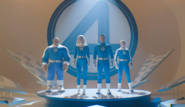 (L-R): Ebon Moss-Bachrach as Ben Grimm/The Thing, Vanessa Kirby as Sue Storm/Invisible Woman, Pedro Pascal as Reed Richards/Mister Fantastic and Joseph Quinn as Johnny Storm/Human Torch in 20th Century Studios/Marvel Studios' The Fantastic Four: First Steps