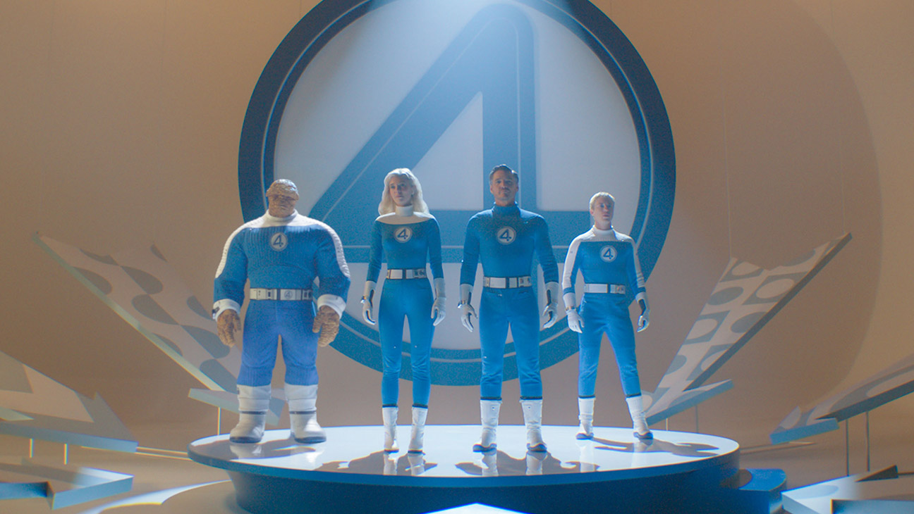 (L-R): Ebon Moss-Bachrach as Ben Grimm/The Thing, Vanessa Kirby as Sue Storm/Invisible Woman, Pedro Pascal as Reed Richards/Mister Fantastic and Joseph Quinn as Johnny Storm/Human Torch in 20th Century Studios/Marvel Studios' The Fantastic Four: First Steps