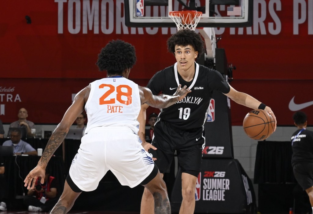 Nolan Traore looks to make a move during the Nets' 97-93 Summer League loss to Knicks on July 15, 2025.