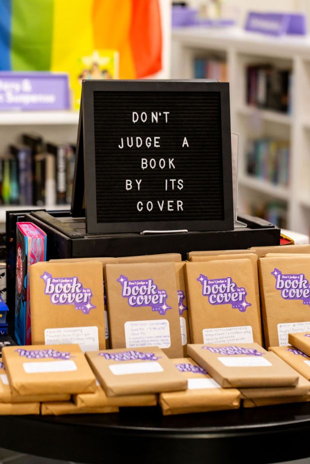 A display of blind dates with a book packages for sale at Meet Cute Romace Bookshop in La Mesa, Ca. (Photo credit: Katie Fisher)