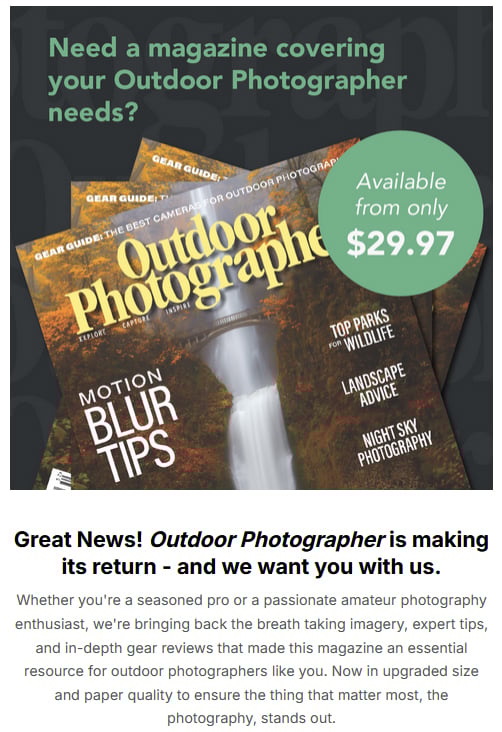 Two overlapping issues of Outdoor Photographer magazine with a waterfall on the cover. Text promotes the magazine's return, highlights motion blur tips, and mentions a starting subscription price of $29.97.