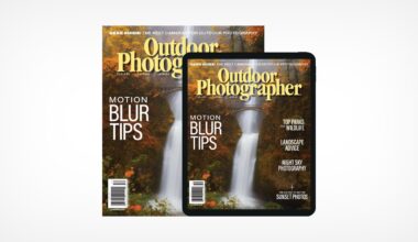The image shows the cover of "Outdoor Photographer" magazine featuring a waterfall in a forest during autumn, with text highlighting motion blur tips, gear guide, top parks, landscape advice, night sky photography, and sunset photos.