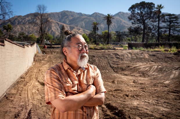 Architect Scott Uriu on his home site in Altadena, CA,...