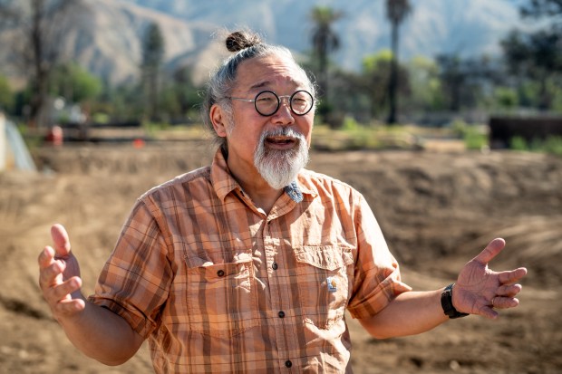 Architect Scott Uriu on his home site in Altadena, CA,...