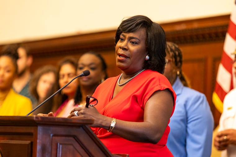 Mayor Cherelle L. Parker speaks during a news conference on her administration's contract agreement with AFSCME DC 47.