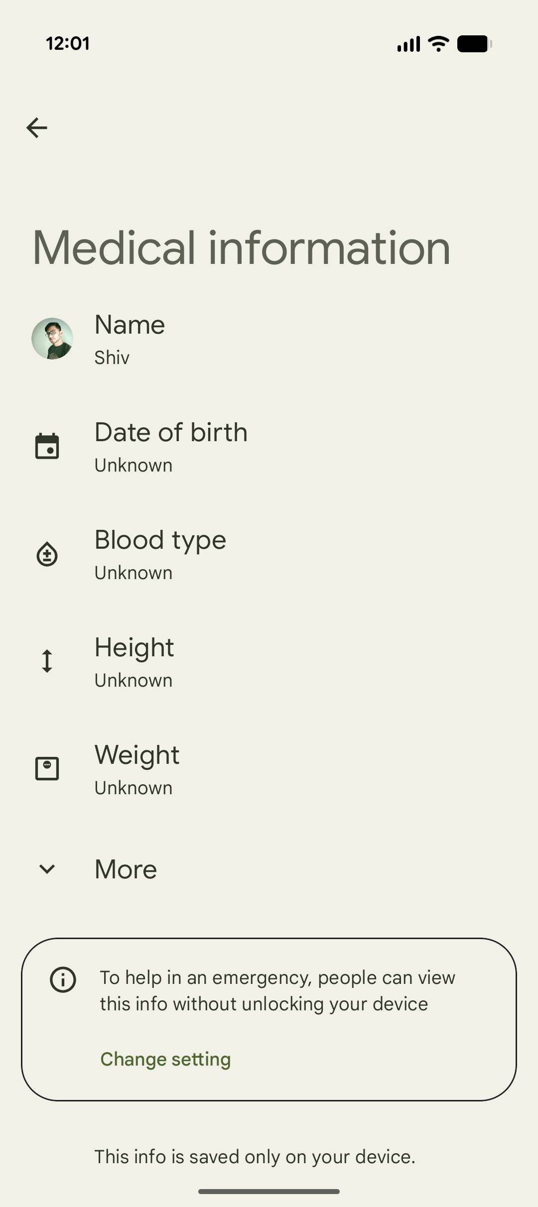 Personal Safety Medical information menu current