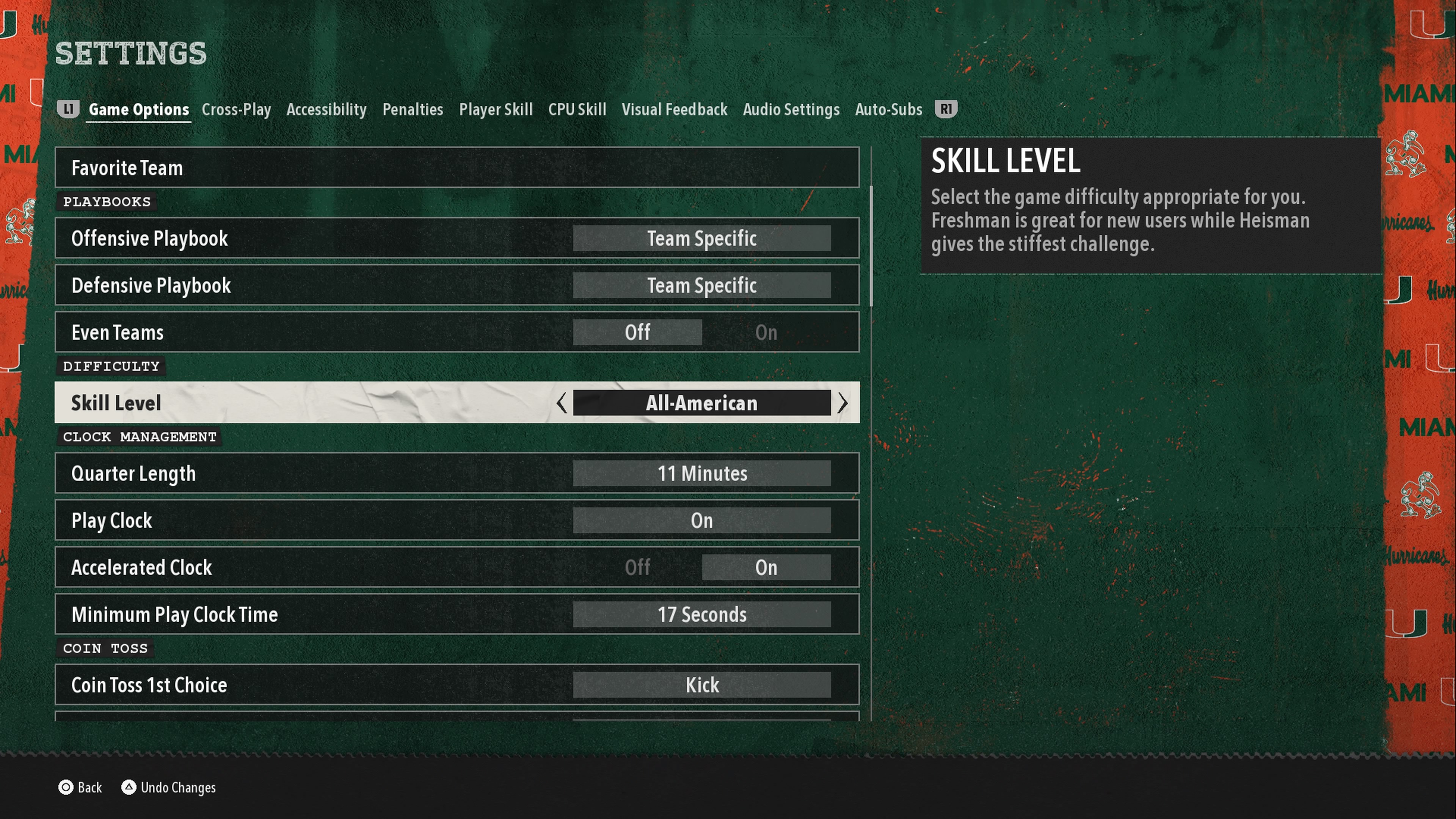 The sliders settings menu in College Football 26