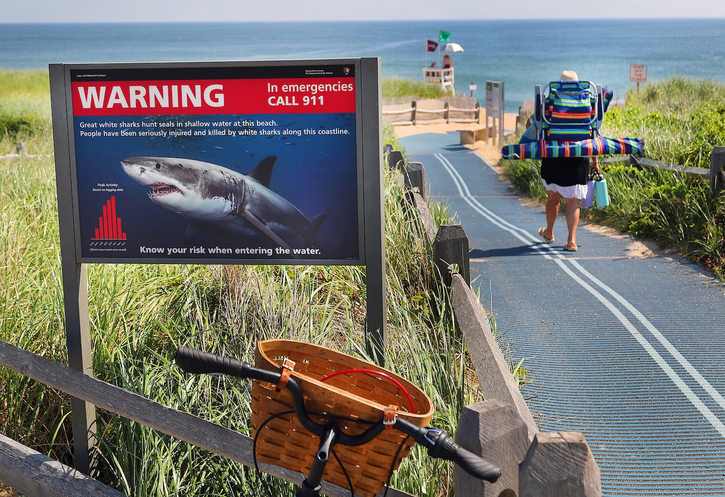 A shark warning sign at the entrance to Coast Guard Beach on Cape Cod.