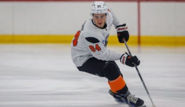 Porter Martone, pictured at development camp, will not start the season with the NHL club.
