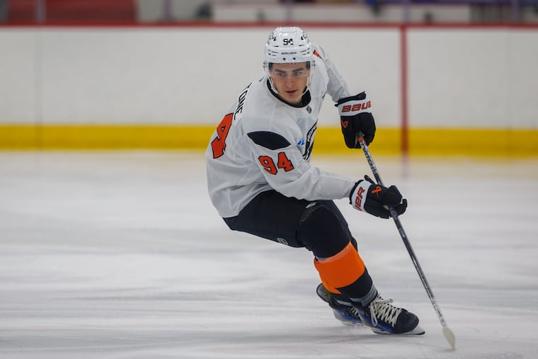 Porter Martone, pictured at development camp, will not start the season with the NHL club.