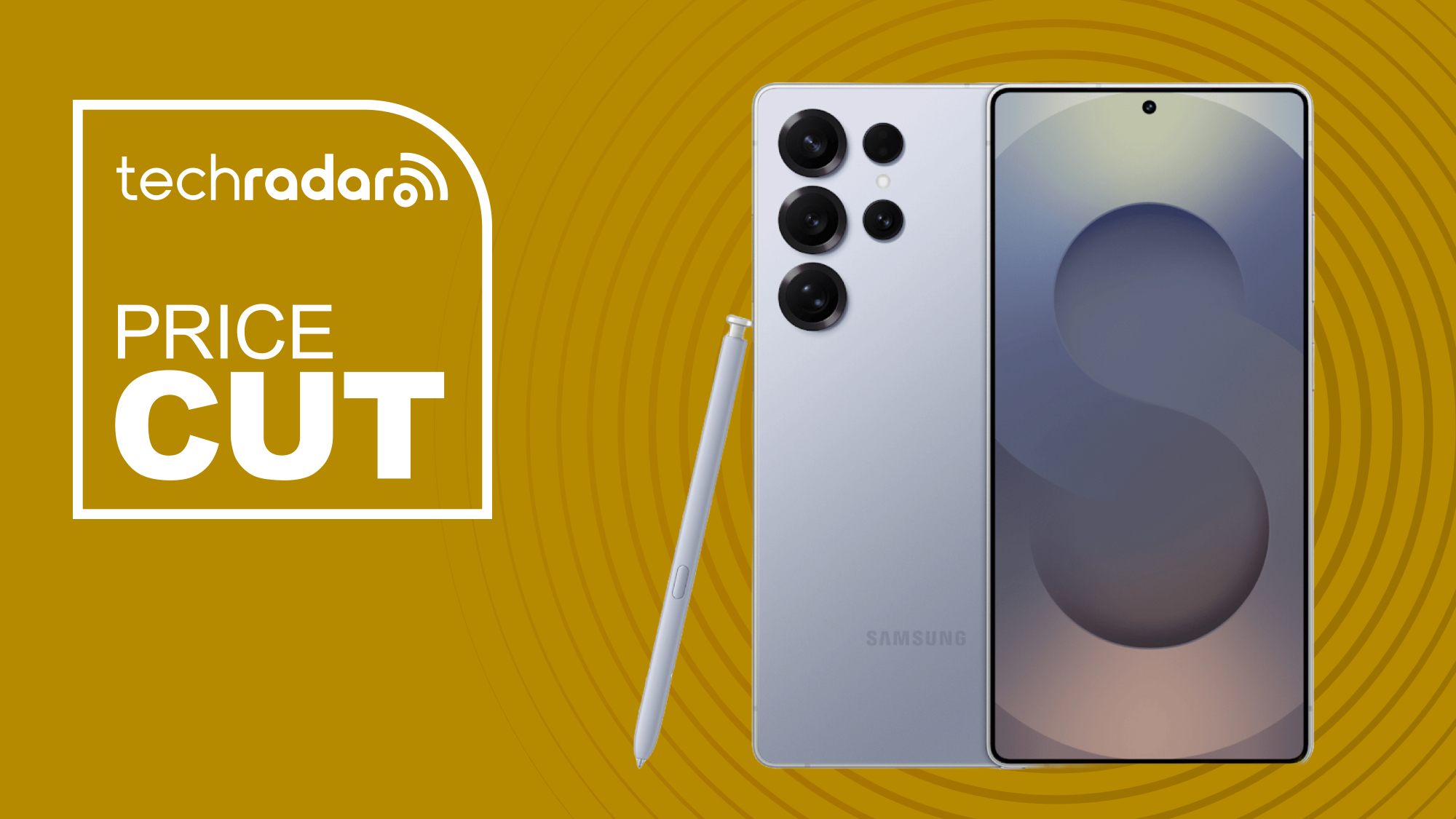 The Samsung Galaxy S25 Ultra against a yellow background. Text reads: Price Cut