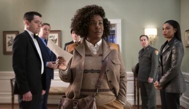 (L to R) Dan Perrault as Colin Trask, Spencer Garrett as Wally Glick, Ken Marino as Harry Hollinger, Uzo Aduba as Cordelia Cupp, Andrew Friedman as Irv Samuelson, Susan Kelechi Watson as Jasmine Haney in episode 101 of The Residence.