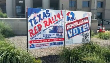 A sign for the Rockwall County Republican Party's Texas Red Rally on Saturday, July 19, 2025. (Spectrum News 1/Blessing Iwuchukwu)