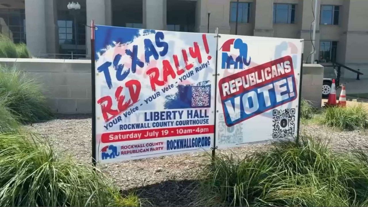 A sign for the Rockwall County Republican Party's Texas Red Rally on Saturday, July 19, 2025. (Spectrum News 1/Blessing Iwuchukwu)