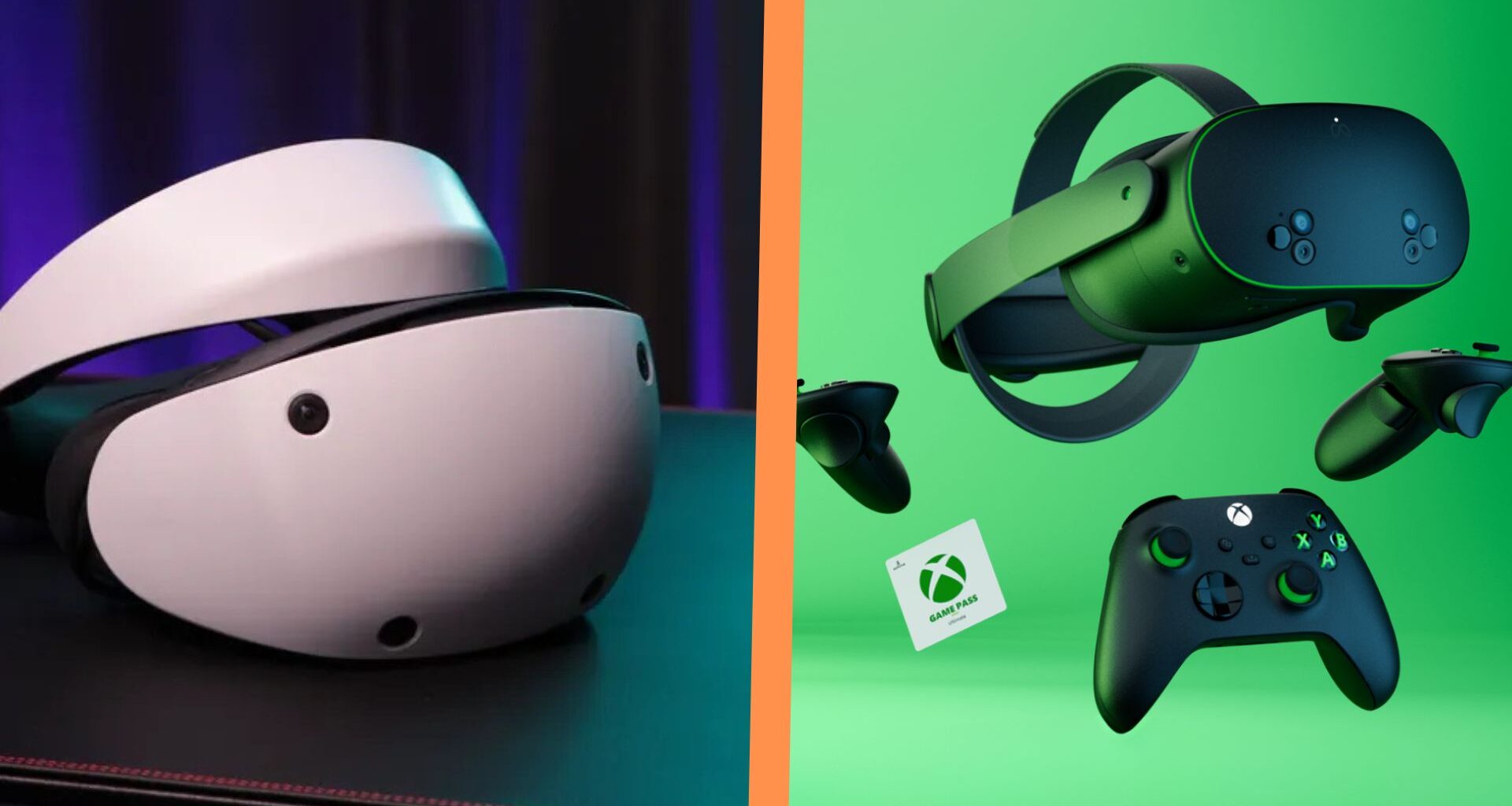 A PSVR 2 review image next to the marketing reveal image of the Meta Quest 3S, separated by an orange line