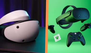 A PSVR 2 review image next to the marketing reveal image of the Meta Quest 3S, separated by an orange line