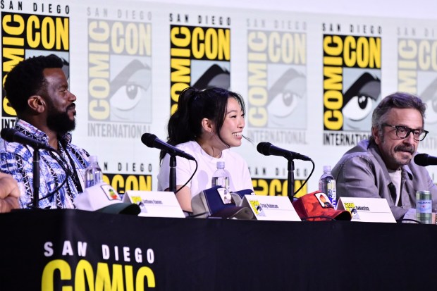 Craig Robinson, from left, Awkwafina, and Marc Maron attend a panel for "The Bad Guys 2" during Comic-Con International on Saturday, July 26, 2025, in San Diego. (Photo by Richard Shotwell/Invision/AP)