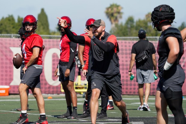 San Diego State coach Sean Lewis on the first day of team practice at San Diego State University on Wednesday, July 30, 2025, in San Diego, CA. (Nelvin C. Cepeda / The San Diego Union-Tribune)