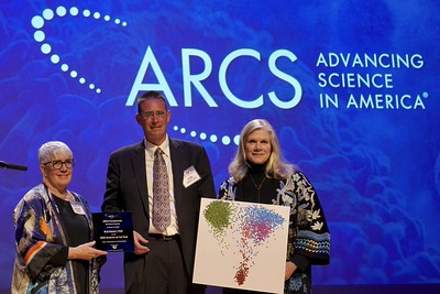 Cathie Atkins, left, UCSD professor Rob Knight and Leslie Bruce at the ARCS Scientist of the Year event in April. Bruce dedicates about 20 hours weekly to helping raise $500,000 annually in scholarships for graduate students. (Leslie Bruce)