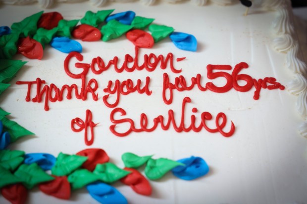 A cake made for Gordon Anderson's 56 years as an EMT during a retirement celebration at the VFW Hall in La Mesa on Friday, July 18, 2025. Anderson spent 56 years as an EMT and was one of the first in San Diego County.(Photo by Sandy Huffaker for The San Diego Union-Tribune)