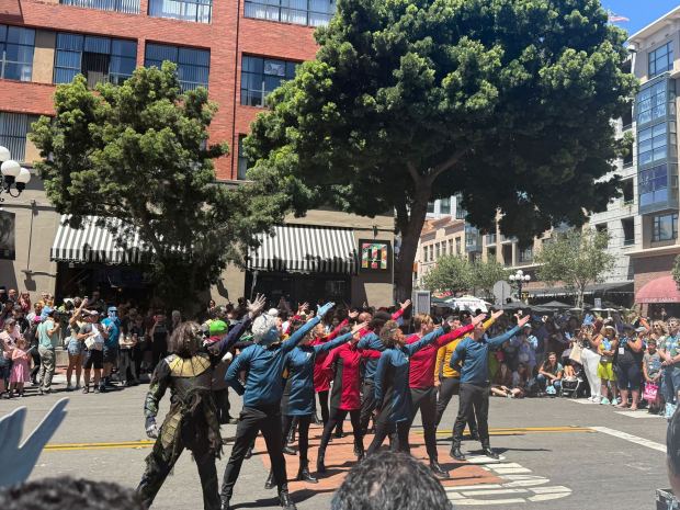 A flash dance inspired by "Star Trek: Strange New World" was seen Saturday in the Gaslamp Quarter at the corner of Fifth Avenue and K Street. (Olivia Petty / The San Diego Union-Tribune)
