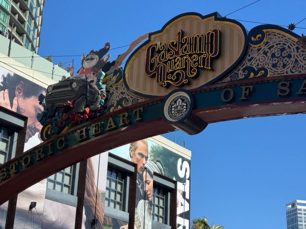 A view of the modified Gaslamp Quarter sign during Comic-Con in San Diego on July 23, 2025. (Phillip Molnar / The San Diego Union-Tribune)