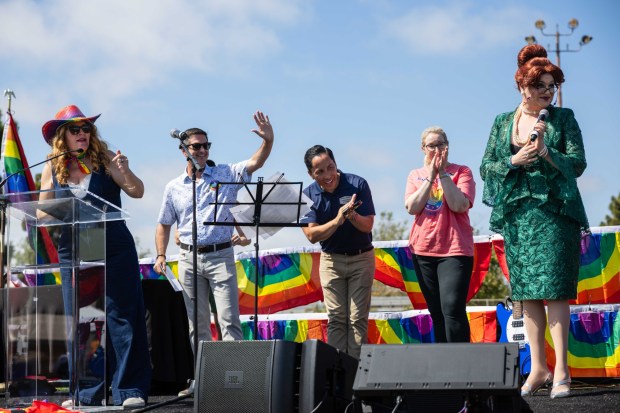Assemblymember Tasha Boerner calls other elected officials to the stage at The J Pride Festival, Saturday, July 19, 2025 in San Diego, CA. (Zoë Meyers / For The San Diego Union-Tribune)