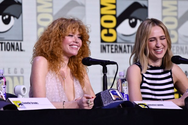 Natasha Lyonne, left, and Maria Bakalova attend a panel for "The Bad Guys 2" during Comic-Con International on Saturday, July 26, 2025, in San Diego. (Photo by Richard Shotwell/Invision/AP)