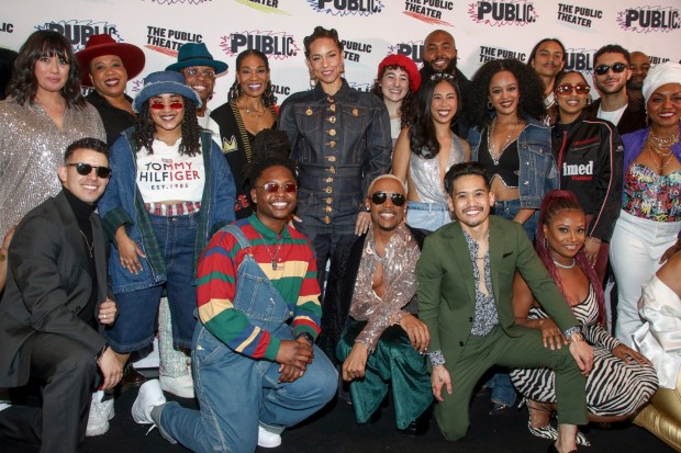 Alicia Keys, center, attends the "Hell's Kitchen" Off-Broadway opening night at The Public Theater on Sunday, Nov. 19, 2023, in New York. San Diego native Nico deJesus is seen in the front row in the green suit. (Photo by Andy Kropa/Invision/AP)
