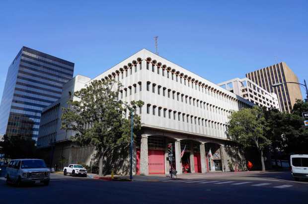 The City Operations Building at 1222 First Avenue. The five-story municipal building includes a fire station, Fire Station 1. (Alejandro Tamayo / The San Diego Union-Tribune)