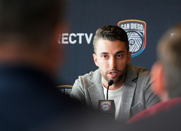 Tyler Heaps, sporting director and general manager of San Diego FC, speaks during a press conference at the team headquarters in Little Italy, Wednesday Jan. 22, 2025, where San Diego native and midfielder, Luca de la Torre, and winger Andres Dreyer were introduced, Howard Lipin / For The San Diego Union-Tribune).