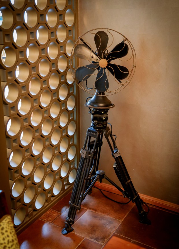 A fan mounted to a tripod on display at a home in Point Loma on Thursday, June 19, 2025. Designer Diana Clark offers tips on how to get the most bang for your buck and what to look for when shopping in thrift stores, consignment stores, Facebook Marketplace and the like.. (Photo by Sandy Huffaker for The San Diego Union-Tribune)